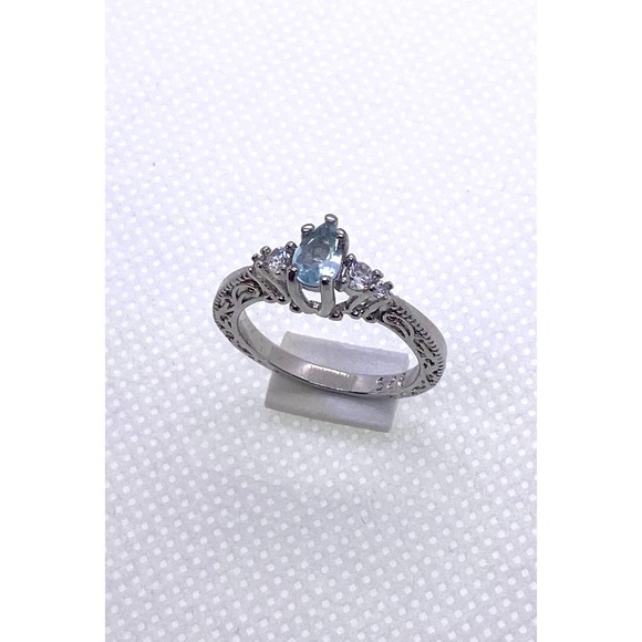 Size 6 Imitation Silver Blue Aquamarine Cubic Zirconia CZ March Birthstone Ring - Picture 2 of 9